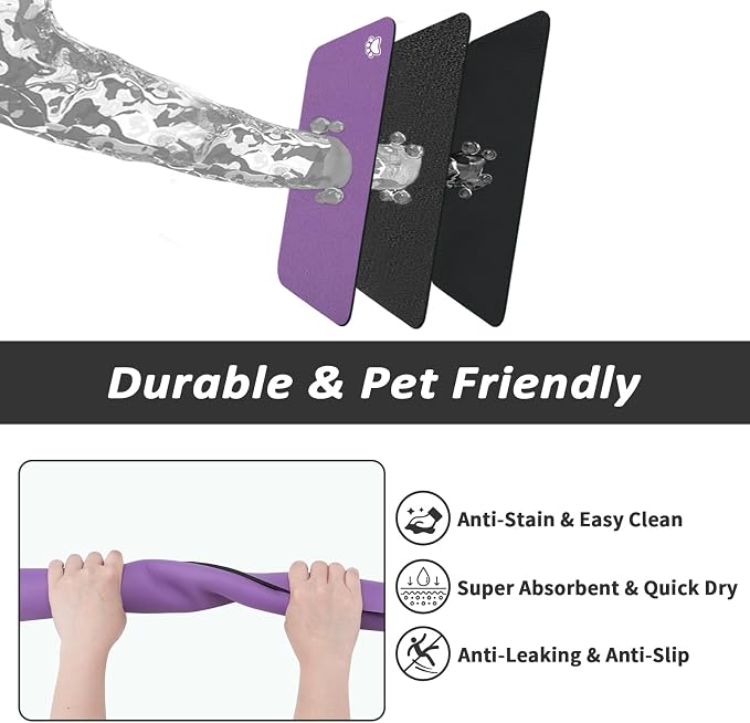 HotLive Dog Food Mat - Absorbent Cat Mat for Food and Water, No Stains Pet Feeding Bowl Mat, Easy to Clean Pet Placemats, Quick Dry Dog Water Dispenser Mat for Messy Drinkers | Paw Purple 18"x34"