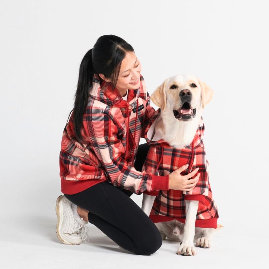 Spark Paws Dog Hoodie – Premium Dog Sweater for Small, Medium, and Large Dogs | Warm Outfits for French Bulldogs, Pitbull, Puppy, Winter Jacket Alternative - Red Plaid, XL