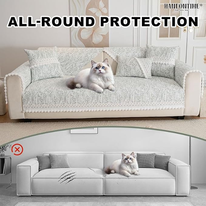 HANDONTIME Elegant Floral Pet Couch Cover, Jacquard Chenille Dog Bed Cover with Plush Fringe, Non-Slip Washable Sofa Protector for Dogs & Cats, Fits Sectionals 3 Cushion Couches (Green,35.4" x 94.5")