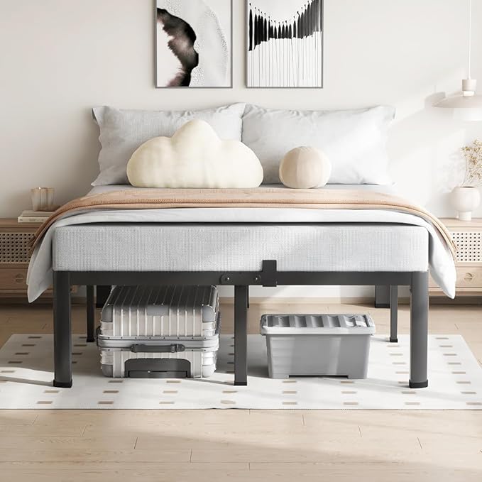 14 Inch California King Bed Frame, 3500Lbs Heavy Duty Metal Platform with Round Corner Legs Mattress Slide Stopper, Steel Slat Support No Box Spring Needed, Noise Free, Non-Slip, Easy Assembly
