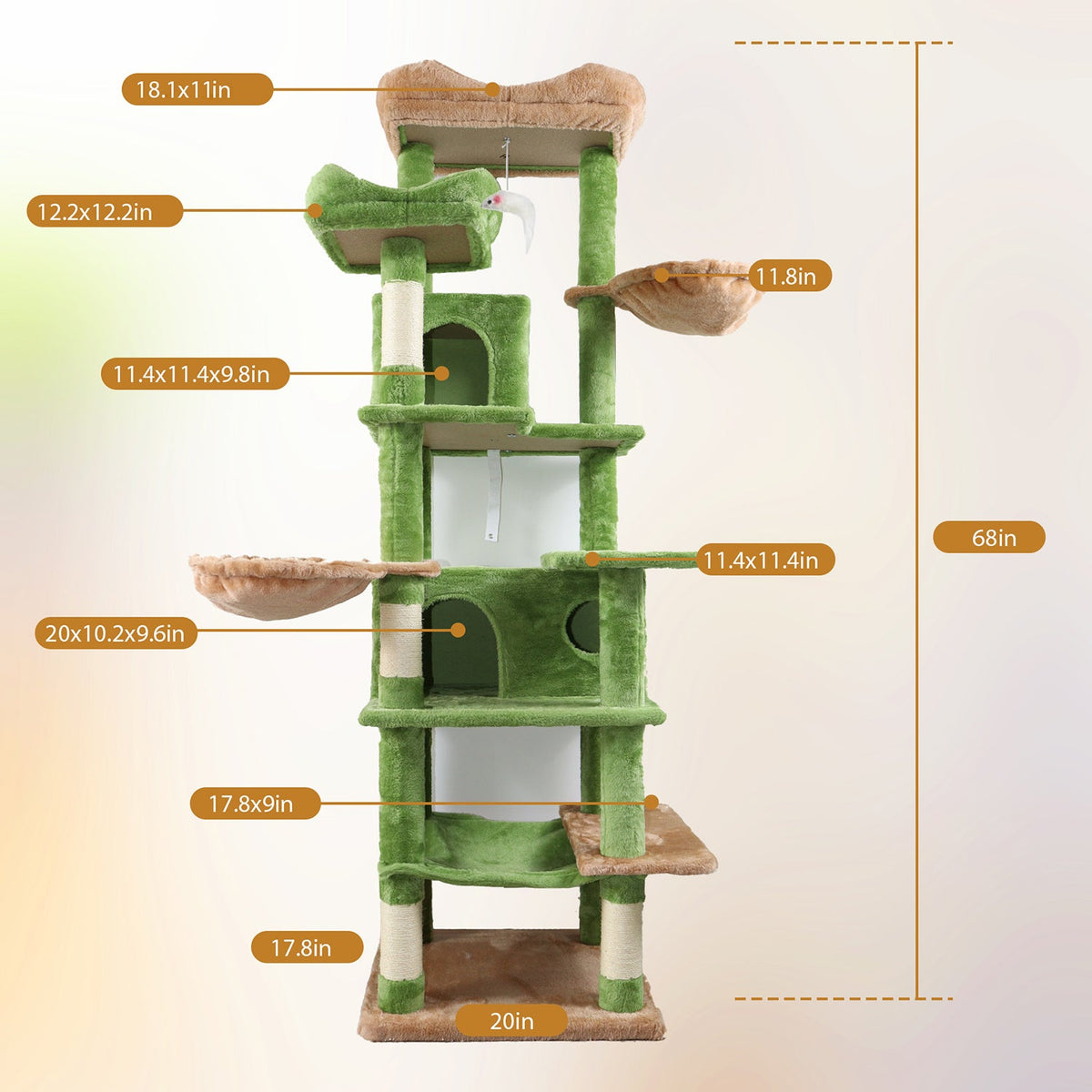 68in Tall Multi-Level Green Cat Tree with Hammocks, Hanging Basket, Cat Cave, Removeable Cushion, Scratching Posts - Plush Cat Tower for Indoor Cats, Perfect for Multiple Cats Green