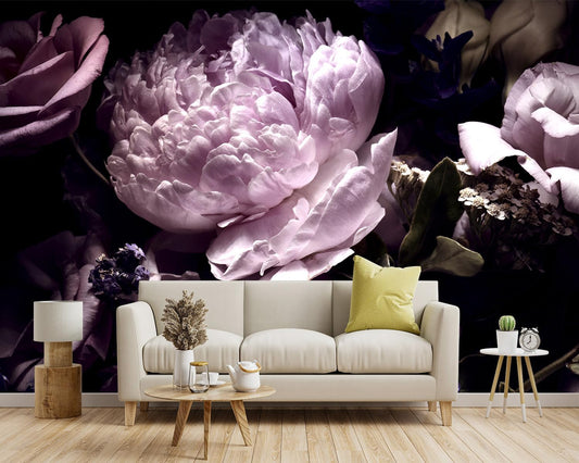 -Black Peony Purple Floral Botanical Fabric Wallpaper Living Room Bedroom Bathroom Dark Flowers Large Wall Mural- 183"x120"( not Peel and Stick)