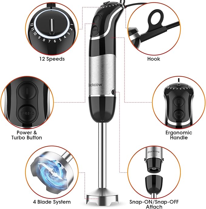 Immersion Blender Handheld for Kitchen, Emulsion Blender Handheld, 12 Speed