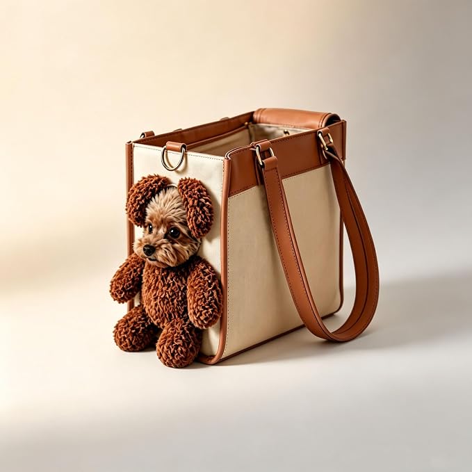 Teddy Bear Dog Carrier Bag, Teddy Carrier Bag for Dogs and Cats, Portable PU Leather Shoulder Tote with Plush Ears, Portable Convenient,White Brown Color Scheme L