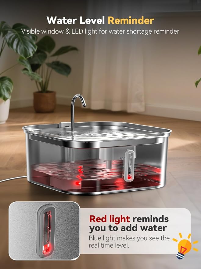 Large Dog Water Fountain 14L/3.7Gal, Stainless Steel Pet Fountain for Large Dogs and Multi-Pets Families, with Visible Window & Extra Wide Drinking Area, Square Design Enlarges Capacity & Saves Space