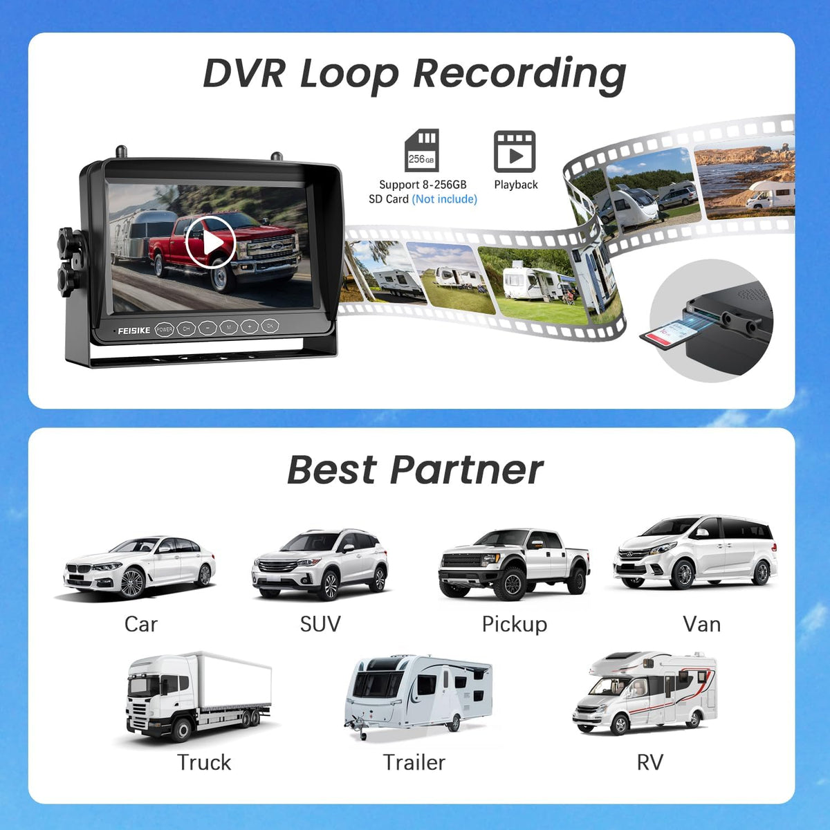 Dual Magnetic Solar Wireless Backup Camera for RV Truck Trailer ??7" 1080P Monitor with Recording, 1-Min Install, No Delay, Wide View, IR Night Vision, 4 Channels, Auto-Sleep Rechargeable