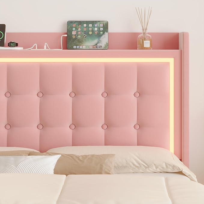 Keyluv Upholstered Twin Floating Bed Frame with RGB LED Lights and Charging Station, Velvet Platform Bed with Button Tufted Storage Headboard, Type-C & USB Charging Ports, No Box Spring Needed, Pink