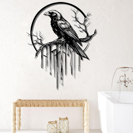 Crow Metal Wall Decor, Raven Wall Art, Large Gothic Raven Decor Hangings, Bird Wall Decor, Metal Tree Branch Decor, Ravens Sign, Raven Art for Living Room (White, 39"x31" | 100x80cm, metal wall art)