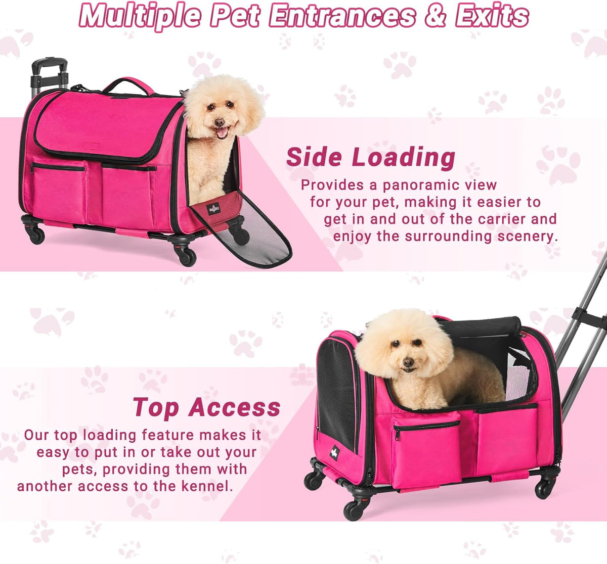 Large Pet Carrier with Wheels, Foldable Rolling Dog Carrier with Big Pocket, Cat Rolling Bag 21"x13"x13"for 2 Cats &Dogs, Use for Travel, Outdoor, Vet Visits, Camping, Indoor. Pink