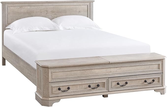 T4TREAM Farmhouse Queen Bed with Headboard and Storage Bench, Rustic Wood Platform Bed with 64" Storage Chest w/ 4 Large Drawer, Light Rustic Oak