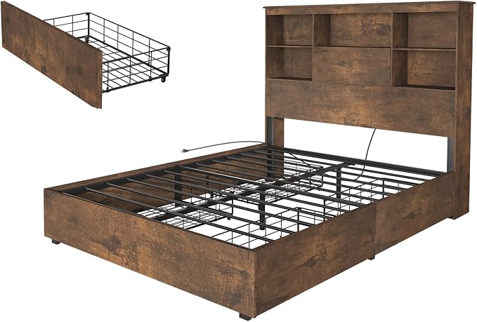 AMERLIFE Queen Size Bed Frame Wooden Platform Bed with 51.2" LED Storage Bookcase Headboard, 4 Storage Drawers & Charging Station/No Box Spring Needed/Noise Free/Rustic Brown