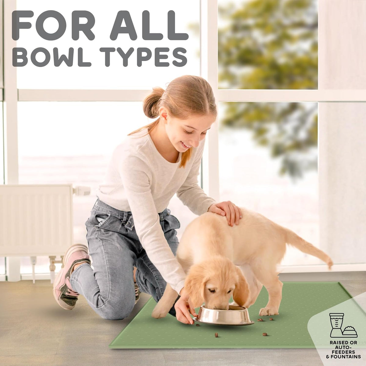 Dog Food Mat - 24x15 Raised Edges Dogs Mat for Food and Water Prevent Spill, Waterproof Cat Food Mats Protect Floors, Easy Clean Dog Bowl Mats for Food and Water, Silicone Pet Feeding Placemats Green