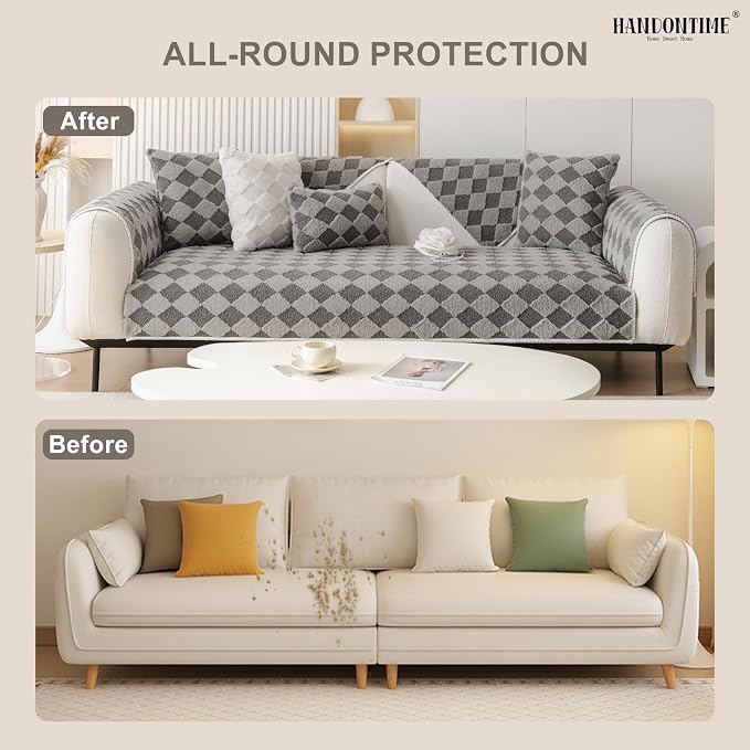 HANDONTIME Non-Slip Pet Couch Cover Washable, Plush Faux Fur Couch Protector for Cushion Pet-Friendly Sofa Covers for Dogs, Checkered Diamond Sectional Covers Dog Mat for Sofa (Grey, 35.6" x 63")