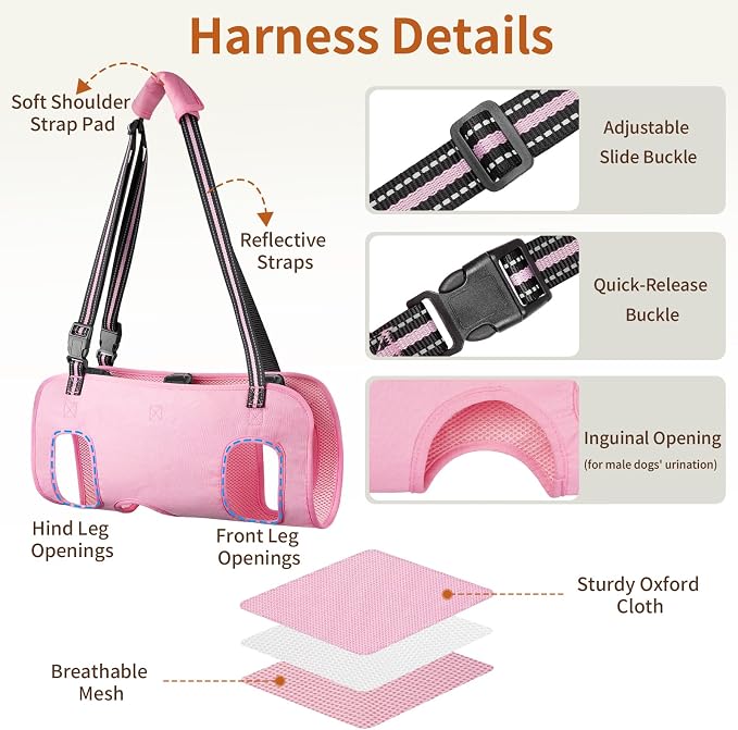 Full Body Dog Lift Harness, Support Senior & Disabled Dogs Walking | Help Up & Down Stairs Grooming, Dog Sling Backpack, Front Hind Leg Joint Injuries, Reflective, Soft Padded Handle | Pink, XL
