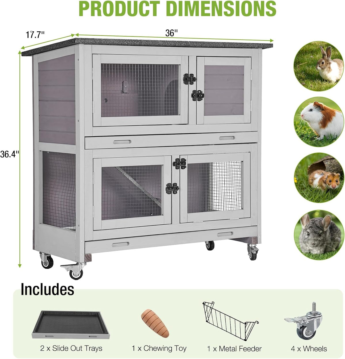 Gutinneen 2-Story Rabbit Hutch with Chew-Proof Ramp, 36" Indoor/Outdoor Rabbit Cage with 4 Casters & 2 Pull-Out Trays, Wooden Bunny Hutch Leakproof Small Animal Cage for Rabbits, Guinea Pigs