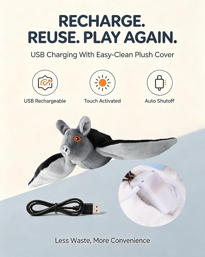 Flying Bat Dog Toy, Interactive Flying Bat Toy for Dogs with Flapping Wings, Chirping Sounds, USB Rechargeable, Touch Activated, Hanging or Floor Toy for Dogs, Puppies and Cats to Reduce Boredom,1PCS