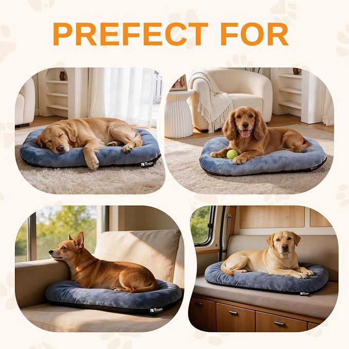 Washable Oval Small Dog Bed, Silver-Tipped High-Resilience, Dusty Blue | Non-Slip Bottom Prevents Sliding,Soft Plush Short Fur,Machine Washable Cushion,Ideal for Crates & Small Spaces,23"x17"x2.8"