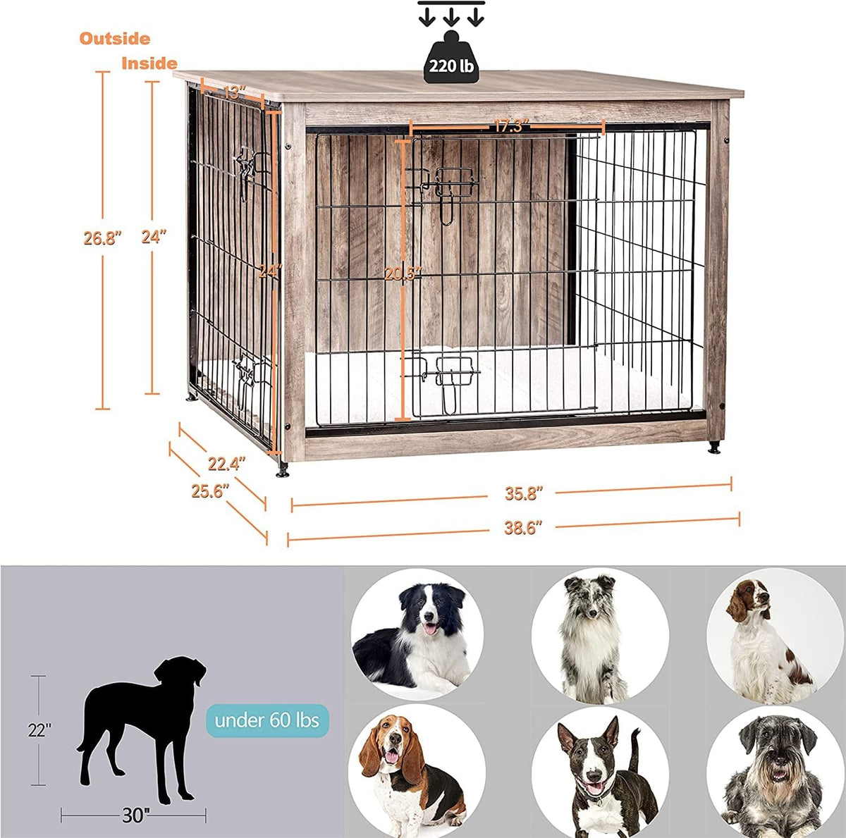 DWANTON Dog Crate Furniture with Cushion, Wooden Kennel Table with Double Doors, Indoor Dog House, Large Size, 38.5" L, Greige