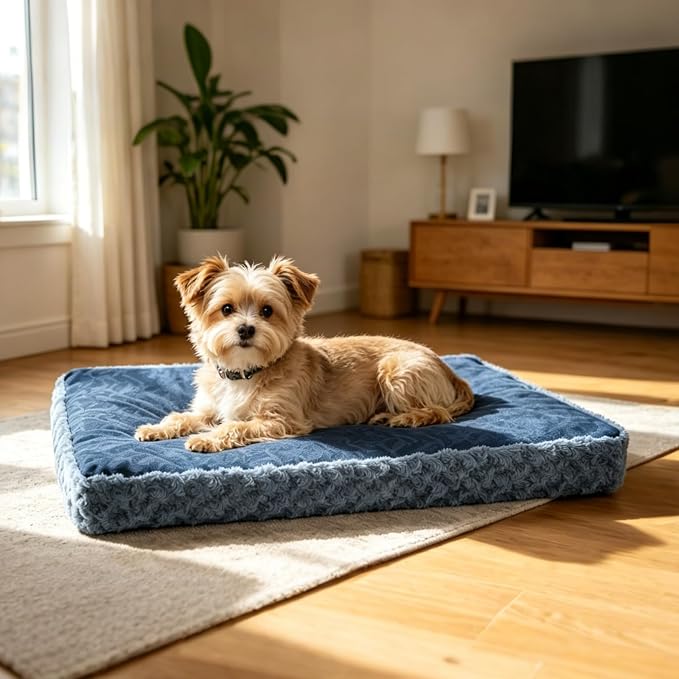 EMPSIGN Dog Bed Mat Crate Pad Mattress, Ultra Soft Pet Kennel, Navy, XL | Reversible(Cool & Warm), Waterproof Linings, Removable Machine Washable Cover, for 42" Dog Crate, Soft Rose Plush/Canvas