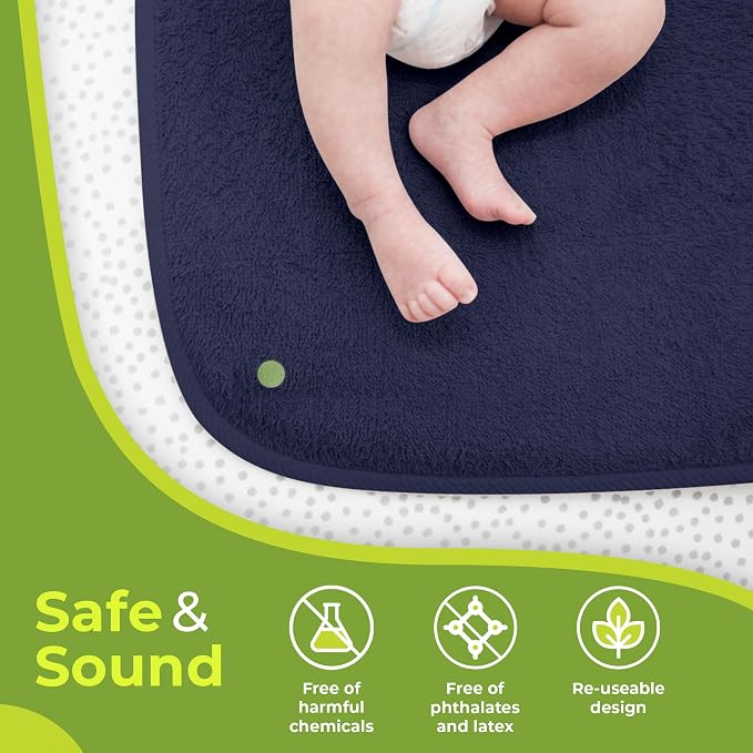 PeapodMats Bedwetting Waterproof Bed Mat, Reusable 3x5 Navy Blue | Washable reusable bed mat for bedwetting, incontinence, kids, adults, pets, and mattress protection.