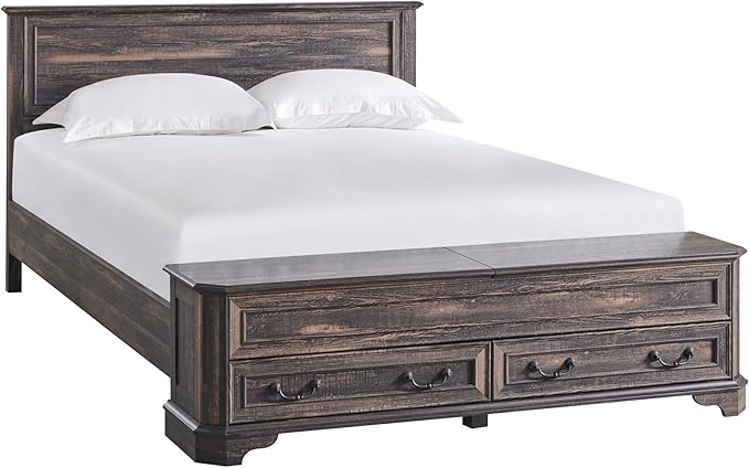 T4TREAM Farmhouse Queen Bed with Headboard and Storage Bench, Rustic Wood Platform Bed with 64" Storage Chest w/ 4 Large Drawer, Dark Rustic Oak