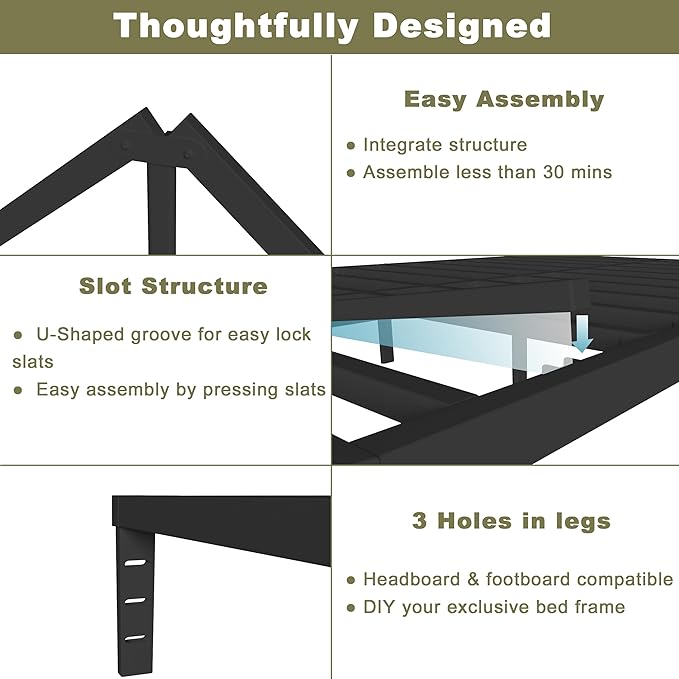 ITIMIDI 12 Inch Queen Bed Frame, Safety Design with Rounded Corner Legs and DIY Headboard, Metal Bed Frame Queen Size, Heavy Duty Steel Slat Support, Noise Free, No Box Spring Needed, Black
