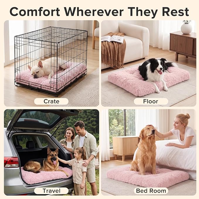 JOEJOY Dog Bed Crate Pad, Deluxe Plush Washable Dog Beds Fulffy Soft Kennel Pad Anti-Slip Pet Sleeping Mat for Small Dogs,23" x 18", Pink