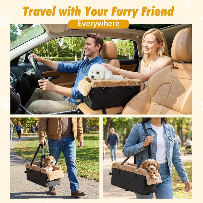 Center Console Dog Car Seat for Small Dogs&Cats Under 12 LBS | Puppy Car Seats with Non-Slip&Strong Support, Anti-Collapse Portable Pet Bed for Puppies with Soft Cushion Safety Belt, Brown