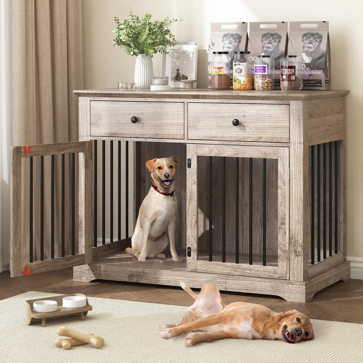 Dog Crate Furniture, 44 Inch Wooden Dog Kennel Indoor with 2 Storage Drawers, Heavy Duty Large Crate Furniture, Decorative End Table Cage Furniture for Small/Medium/Large (Grey)
