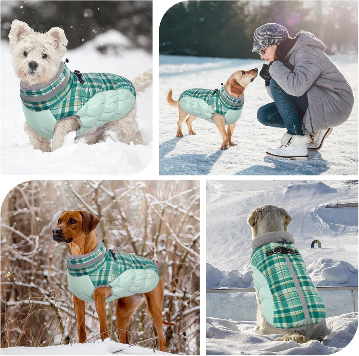 FUAMEY Dog Coat for Large Dogs,Waterproof Dog Winter Jacket with Harness Built in Puppy Cold Weather Coats Reflective Pet Vest with Zipper Warm Fleece Dogs Snowsuit Windproof Green Plaid XL