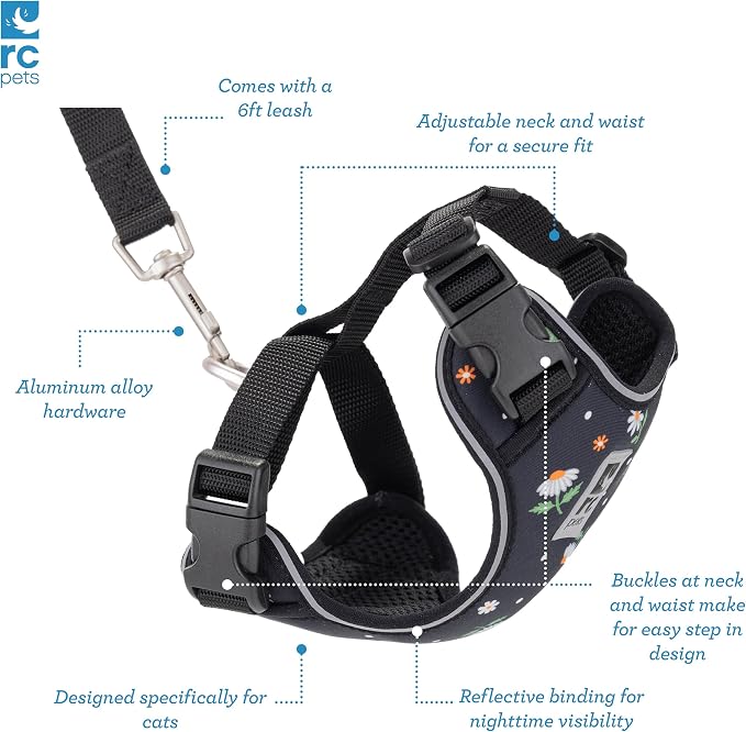 RC Pets Adventure Kitty Cat Harness | Adjustable Airmesh Vest with D-Ring and 6ft Leash for Walking and Travel | Daisies, Large