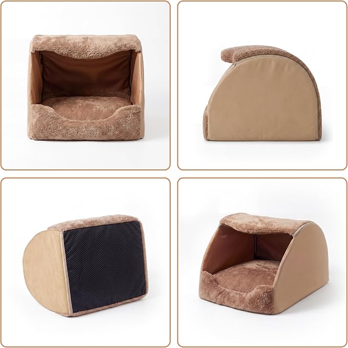 LATIBELL Indoor Puppy House Foldable Pet Tent Cave Bed ,Brown | Covered Cave Bed, For Small Dogs and Cats, Removable Washable Puppy Kennel, Soft Cushion