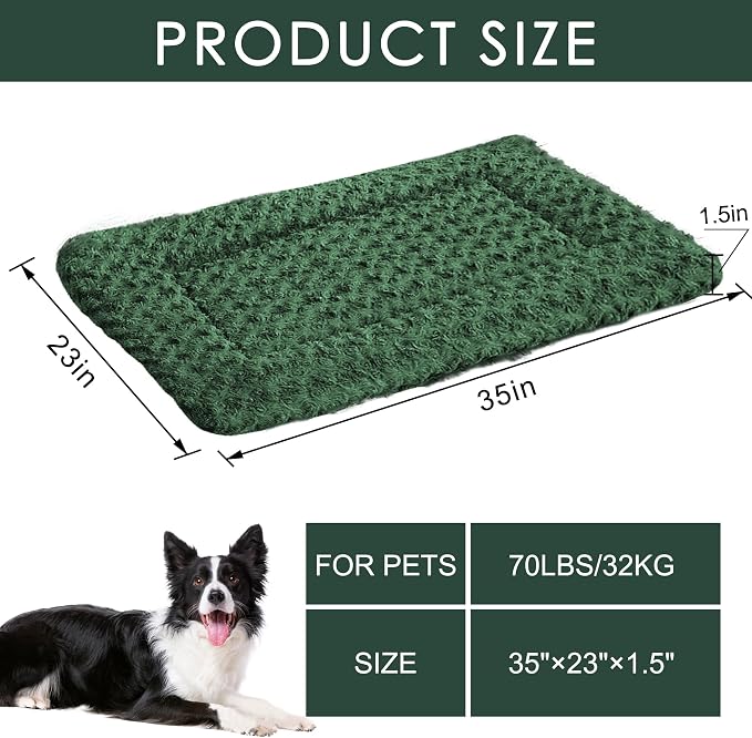 Washable Dog Bed Plush Orthopedic Outdoor Crate Mat with Non-Slip Bottom,Luxe Soft Kennel Pad for Pets,Cozy Cage Cushion & Pet Sleeping Mattress Large Sized,Medium,Small Dogs,36 x 24 inch,Green