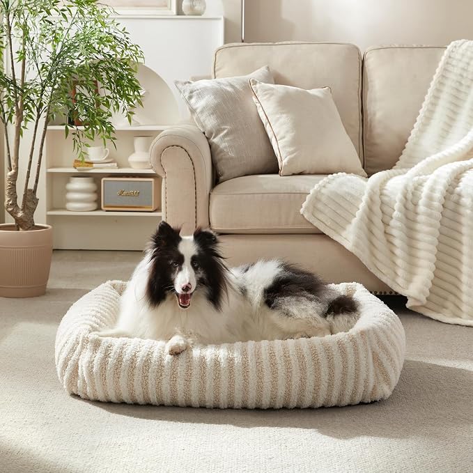 MIXJOY Dog Bed Large Size, Washable Large Dog Beds with Removable Cover, Rectangle Pet Beds for Big Dogs, Soft Warming Calming Pet Bed with Non-Slip Bottom, 36"x27"x8", White