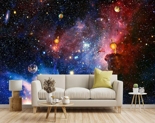 -Galaxy Universe Planet Ceiling Fabric Wallpaper Boys Girls Nursery Starry Sky Children Bedroom Bathroom Large Mural- 183"x120"( not Peel and Stick)