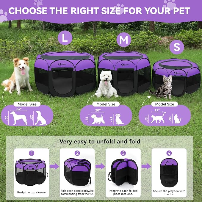 Siedihit Large Dog Playpen, Puppy Pet Playpen Indoor, Dogs Tent Crates Cage | Indoor/Outdoor, Portable Pop Up Dog Kennel Playpen with Carrying Case for Dogs/Cats/Rabbits, Purple