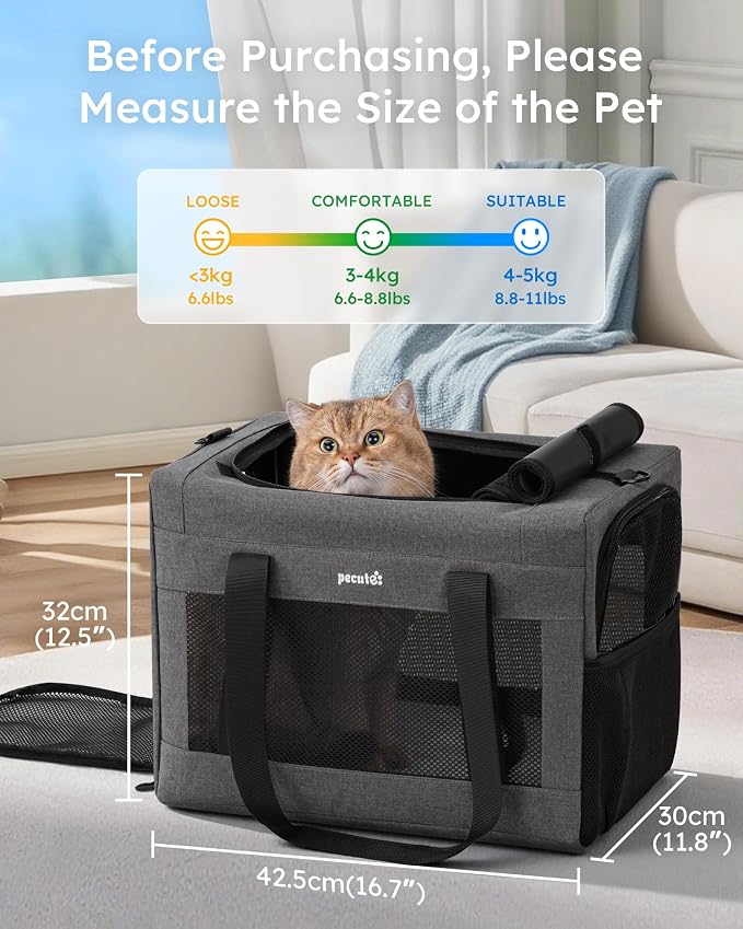 Pecute Cat Carrier, Portable Travel Dog Carrier with Stable Structure, Grey | Larger Space, 360° Ventilation & Comfort, Escape-Proof, for Travel / Car Trips / Vet Visits, Fits Cats up to 11 lbs