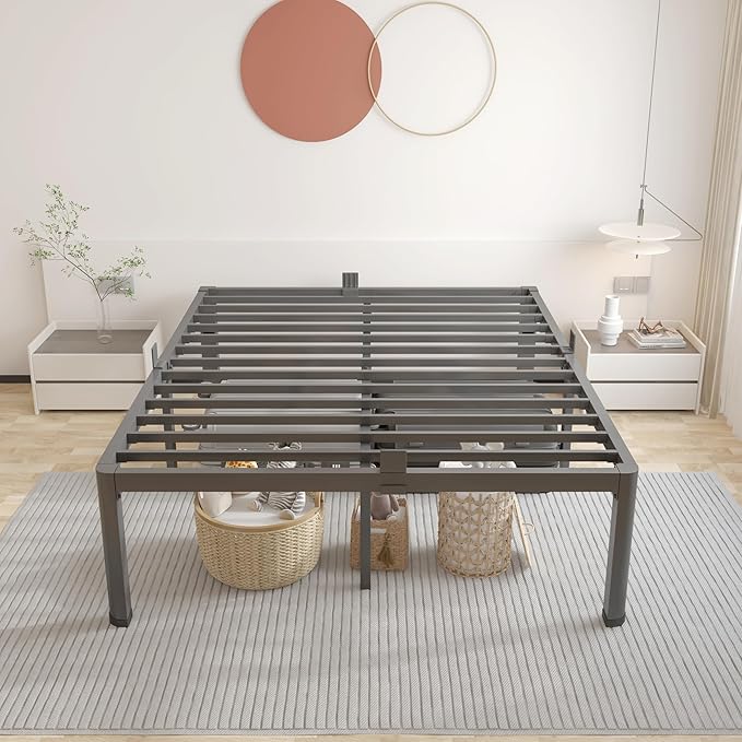 ROIL 18 Inch Queen Bed Frame with Rounded Corner and Headboard Hole Mattress Retainers 3500LBS Metal Heavy Duty Steel Slats No Box Spring Needed Platform Noise-Free Easy Assembly