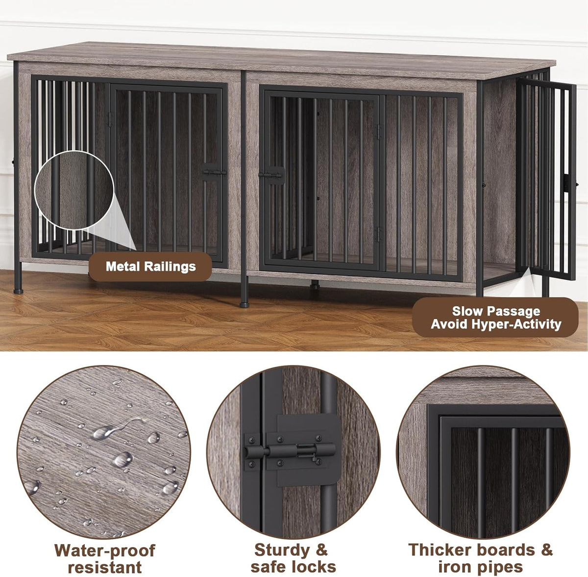 EasyCom 63" Dog Cage Furniture for 2 Pets with Divider, XL Wooden Double Dog Crate Furniture TV Stand for Mideum Breed, Durable and Sturdy