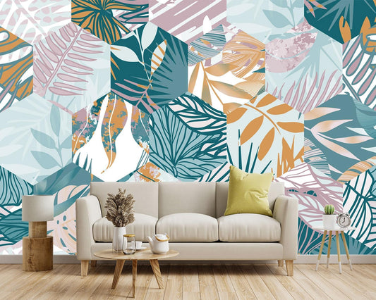 -Abstract Geometry Botanical Banana Leaf Fabric Wallpaper Living Room Bedroom Bathroom Tropical Plant Leaf Large Wall Mural- 183"x120"( not Peel and Stick)