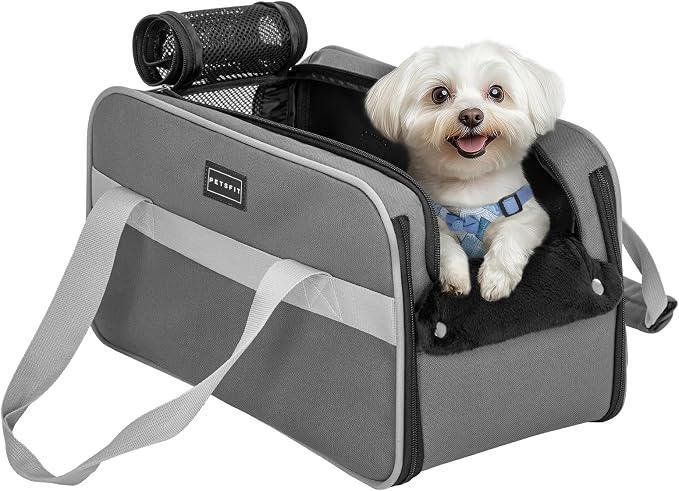 PETSFIT Multipurpose Center Console Dog Car Seat, Airline Approved Dog Car Carrier with Safety Tether and Pockets, Portable Cat Car Seat, Dog Car Seats for Small Dogs, Cats Up to 9 LBS (Deep Grey)