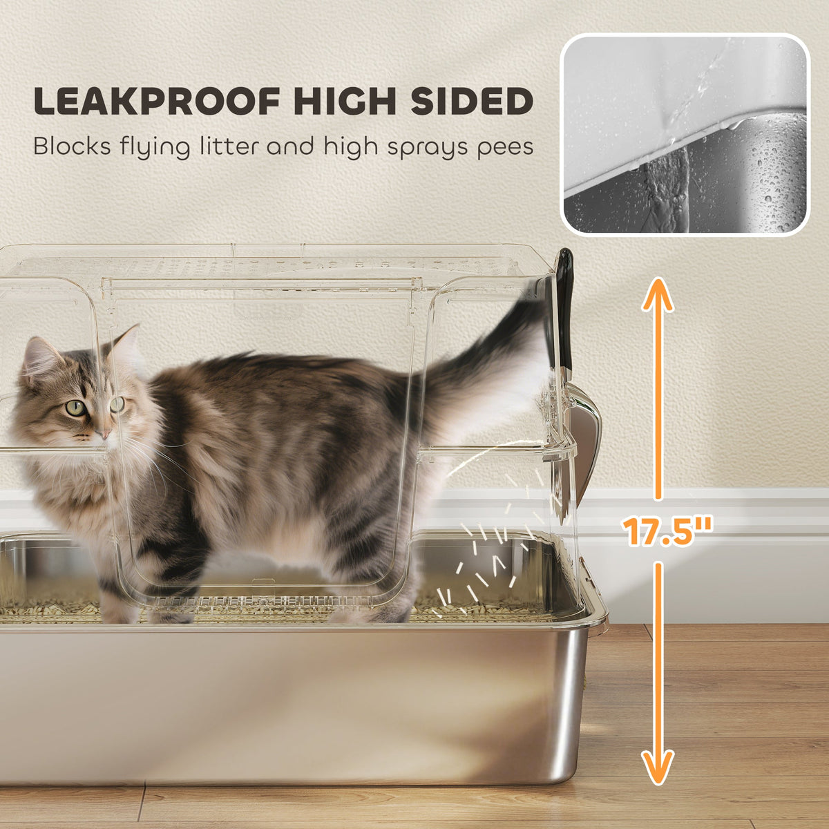 XL Stainless Steel Litter Box w/ 100° Flip Top, Scoop, Step, Top & Side Entry Enclosed Litter Box for Big Cats