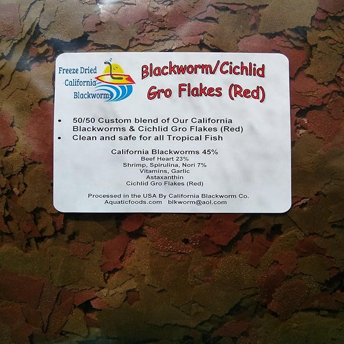 Aquatic Foods Inc. Flakes - 45% California Blackworm & Cichlid Red GRO Color Flake Mix for Discus, Cichlids, Tetras, Guppies, Live Bearers, All Community Tropical Fish - Premium AF Flakes - 1-lbs