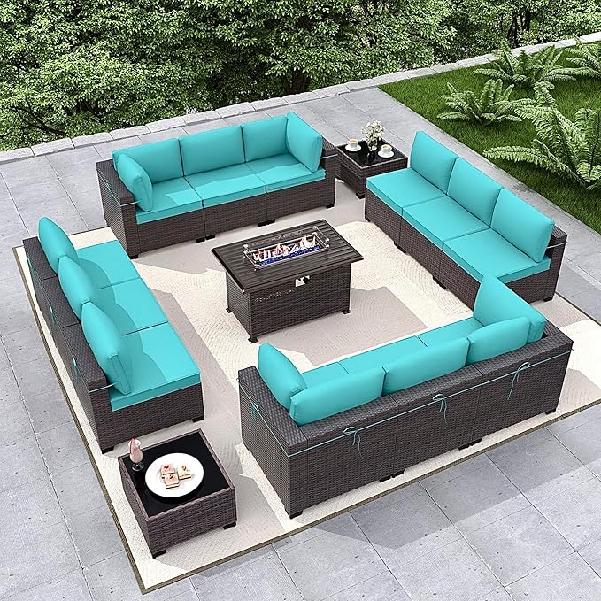 Gotland 15 Pieces Patio Furniture Set with Fire Pit Table, All Weather Rattan Outdoor Furniture with 29.5'' High Backrest 4’’ Thick Cushions Coffee Table, Patio Set for Porch, Deck, Backyard, Blue