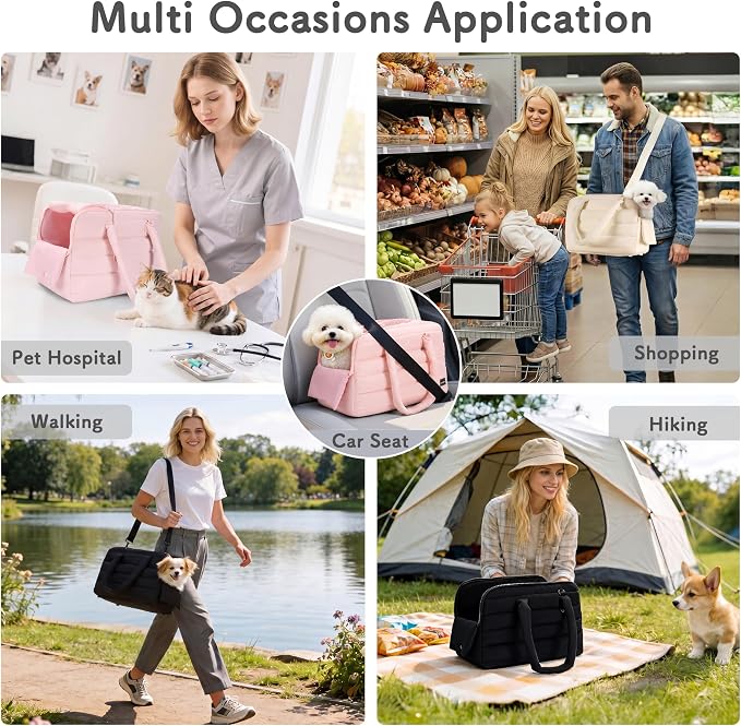 Dog Purse Carrier for Small Dog Cat Rabbit up to 13 lbs, Lightweight Portable Soft Sided Pet Purses, Quilted Puffy Tote Puppy Carrier with Large Pockets for Hiking, Travel, Vet Black