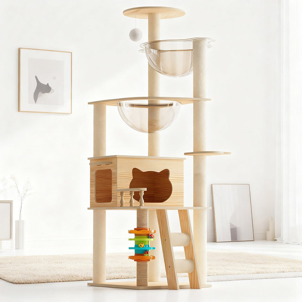 59" Modern Cat Tower, Wood Cat Tree Tower for Indoor Cats, Cat Treewith Sisal-Covered Scratching Posts and Top Perch, Cat Condo with Acrylic Hammock for Small Large Cats