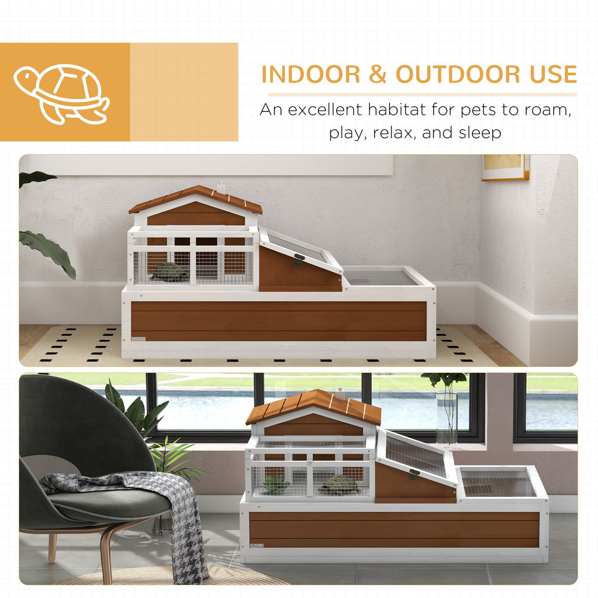 3-Room Tortoise Habitat House w/ Balcony & 2 Stories, 44" x 25.5" x 25", Coffee