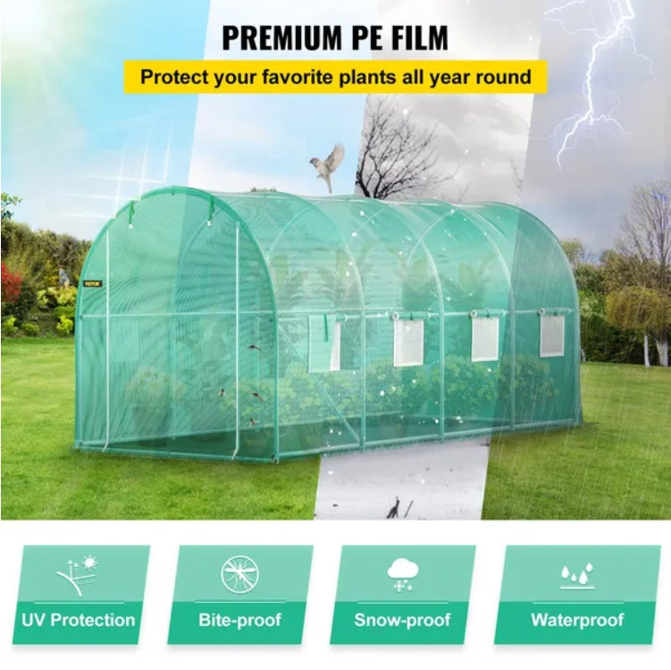 VEVOR Walk-in Tunnel Greenhouse, 14.8 X 6.6 X 6.6 Ft Portable Plant Hot House W Galvanized Steel Hoops, 1 Top Beam, Diagonal Poles, Zippered Door 8 Roll-up Windows, Green