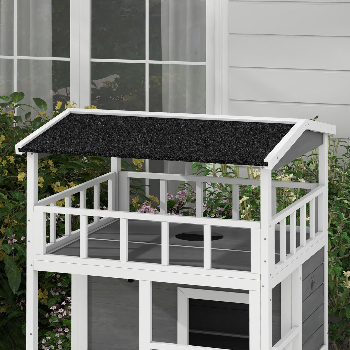 Wooden Outdoor Cat House with Asphalt Roof, Escape Doors, Condo, Jumping Platform, Light Gray