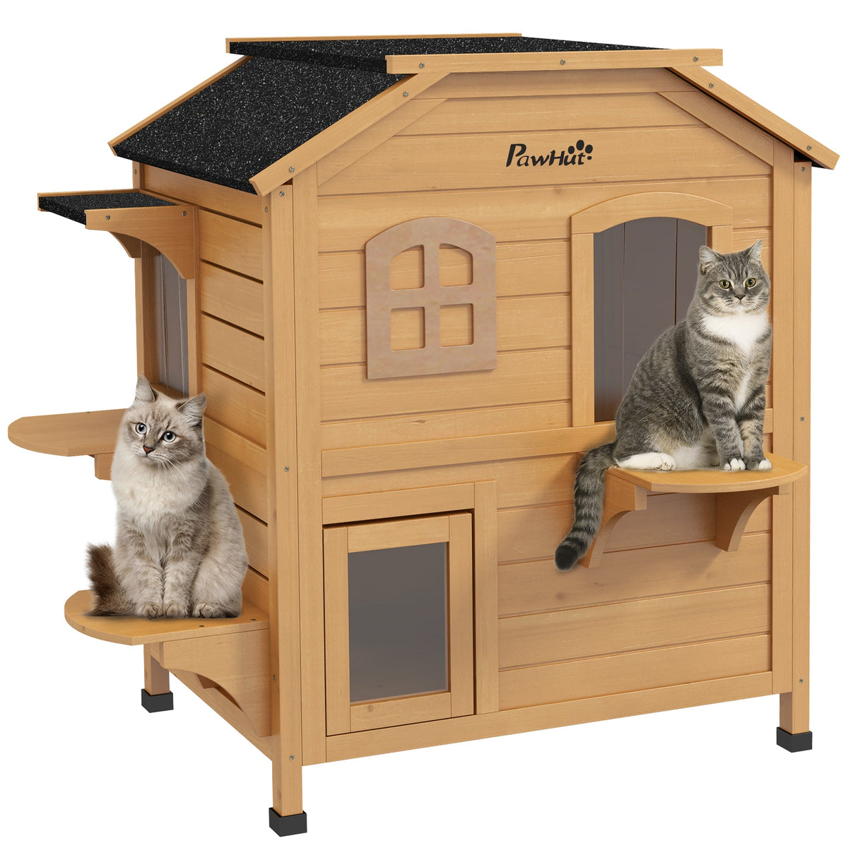 2-Story Wooden Outdoor Cat House Feral Shelter With Escape Door Asphalt Roof 4 Platforms Natural